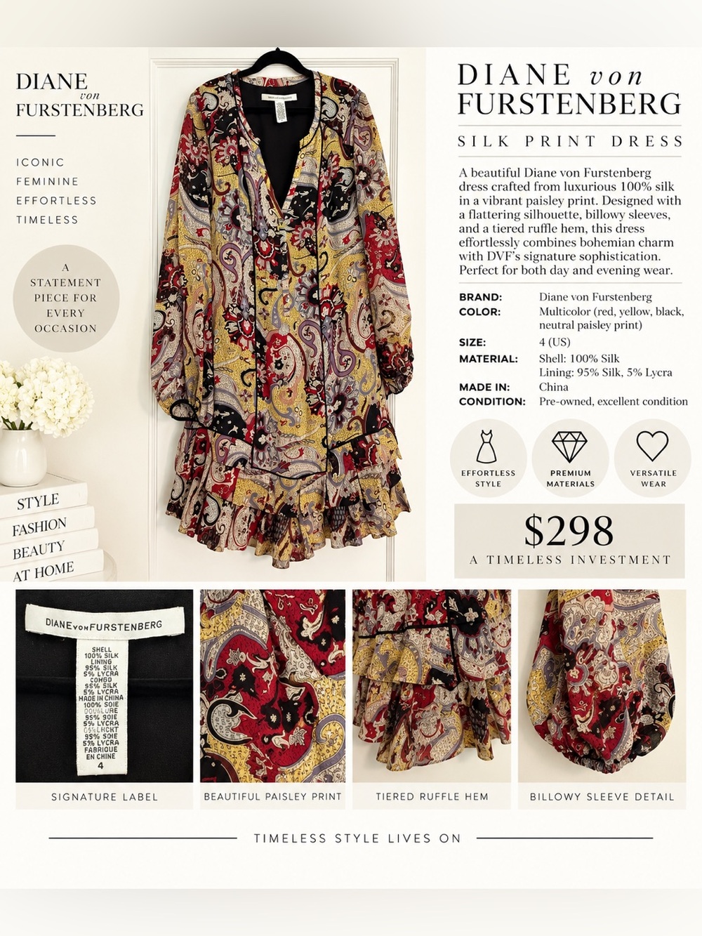 Diane von Furstenberg Red Yellow Black Paisley Silk Tunic Dress